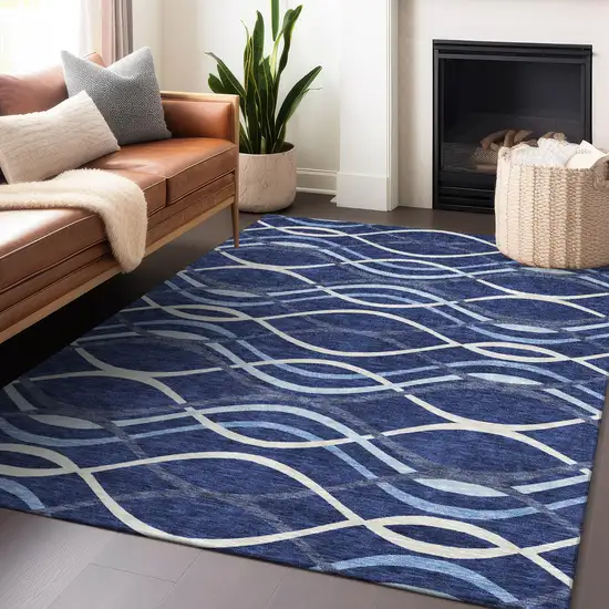 Navy Blue And Ivory Abstract Washable Area Rug With UV Protection Photo 6