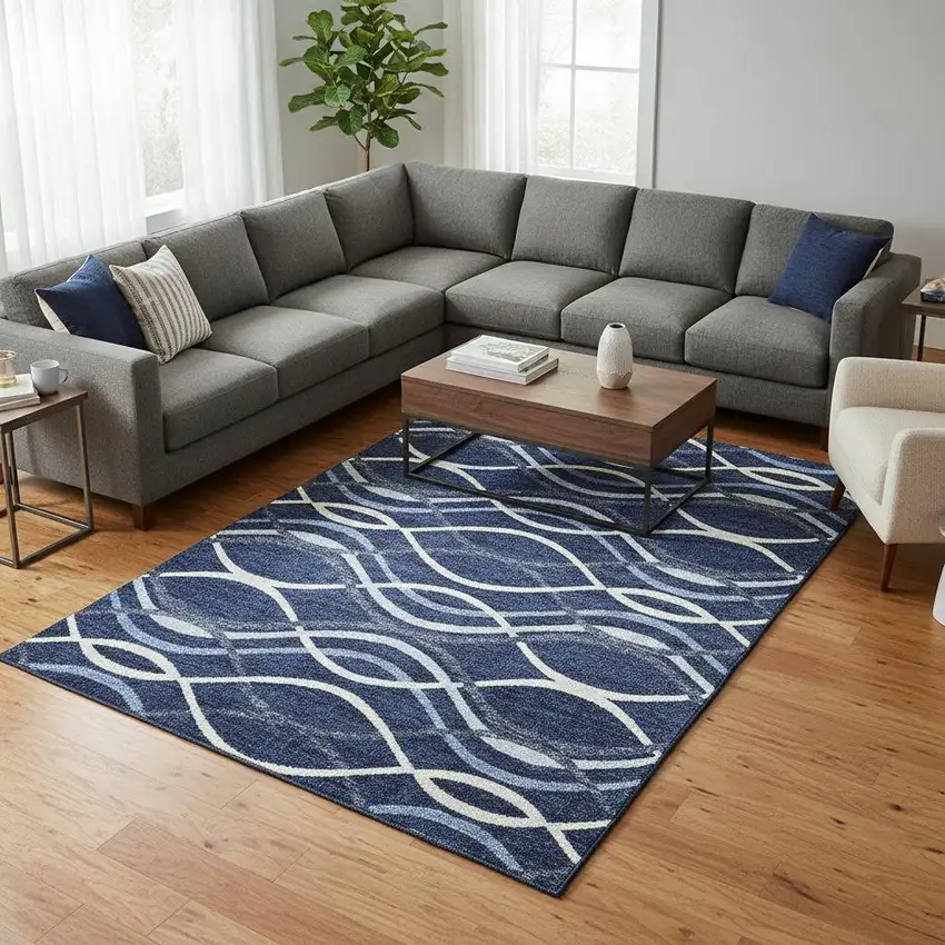 Navy Blue And Ivory Abstract Washable Area Rug With UV Protection Photo 2