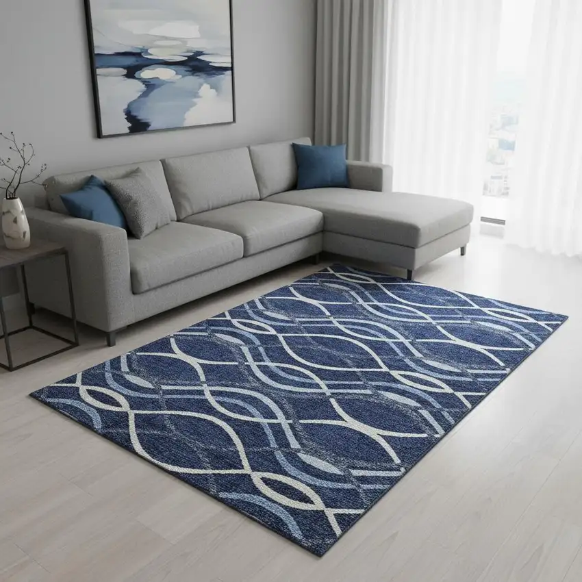 Navy Blue And Ivory Abstract Washable Area Rug With UV Protection Photo 2