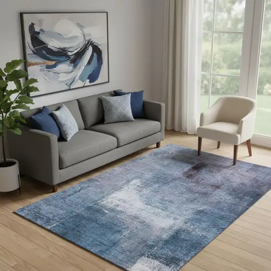 Navy Blue And Ivory Abstract Washable Area Rug With UV Protection Photo 1