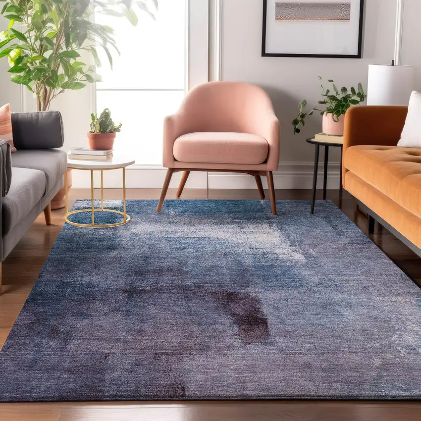 Navy Blue And Ivory Abstract Washable Area Rug With UV Protection Photo 5
