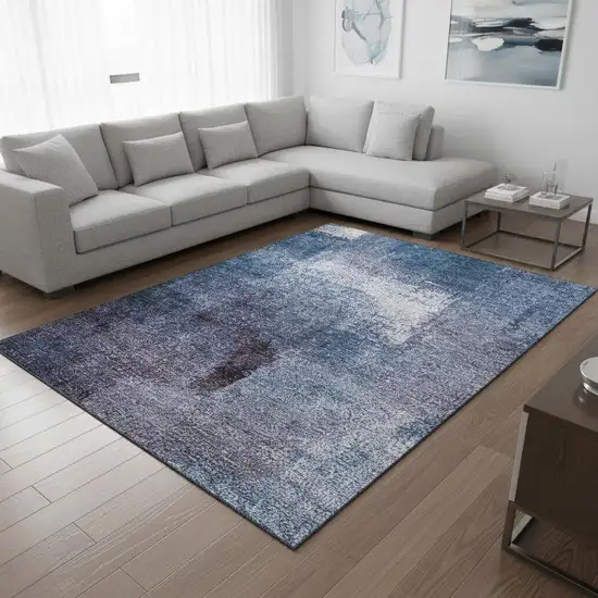 Navy Blue And Ivory Abstract Washable Area Rug With UV Protection Photo 2