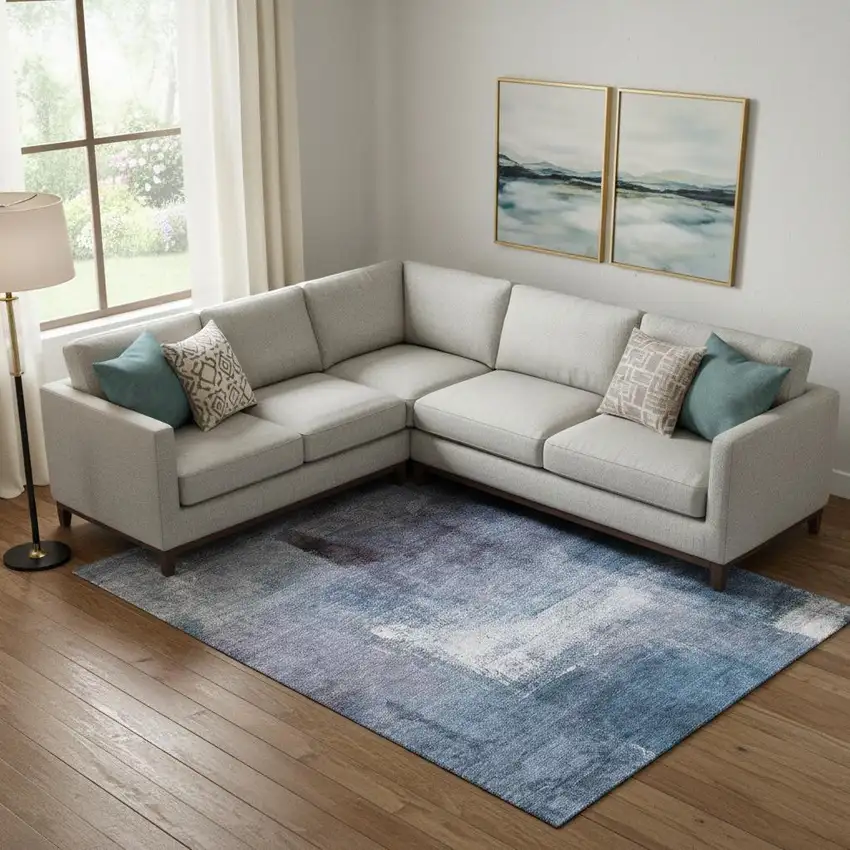 Navy Blue And Ivory Abstract Washable Area Rug With UV Protection Photo 1