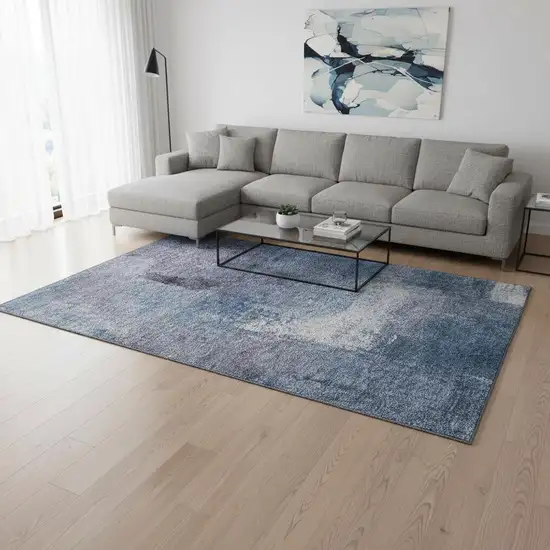 Navy Blue And Ivory Abstract Washable Area Rug With UV Protection Photo 2