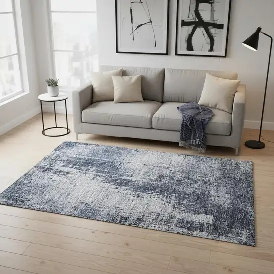 Navy Blue And Ivory Abstract Washable Area Rug With UV Protection Photo 2