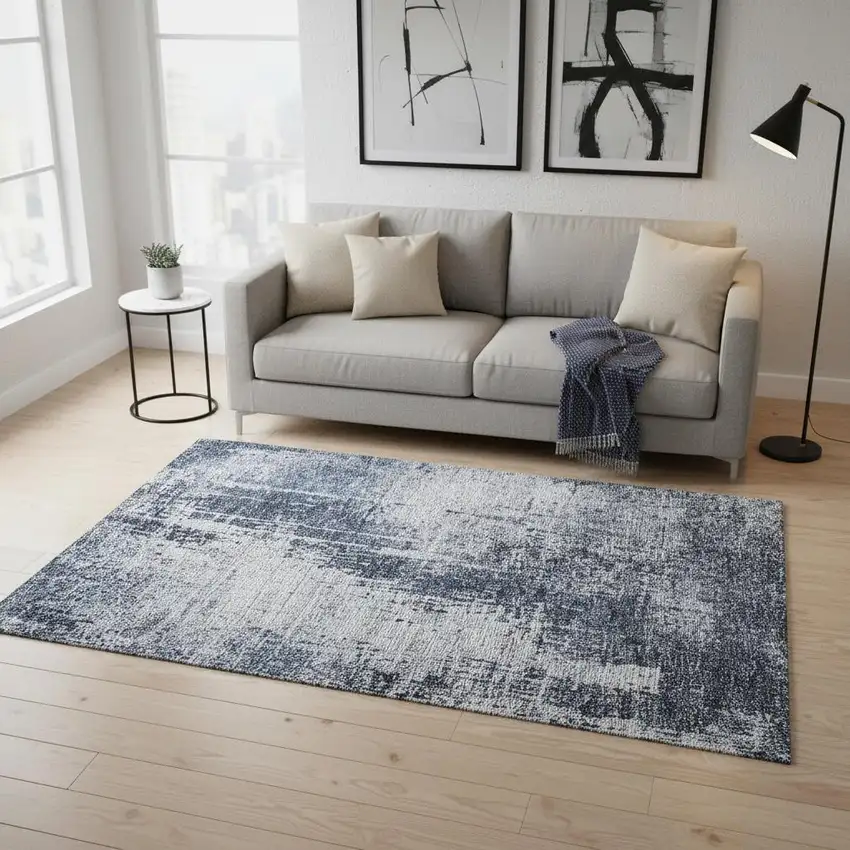 Navy Blue And Ivory Abstract Washable Area Rug With UV Protection Photo 2