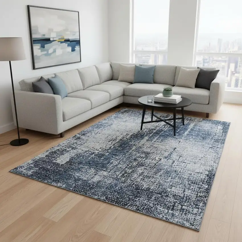 Navy Blue And Ivory Abstract Washable Area Rug With UV Protection Photo 2