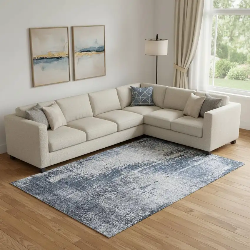 Navy Blue And Ivory Abstract Washable Area Rug With UV Protection Photo 1