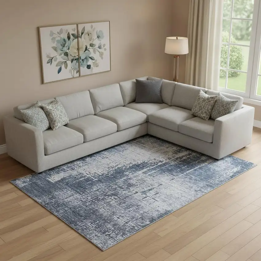 Navy Blue And Ivory Abstract Washable Area Rug With UV Protection Photo 1