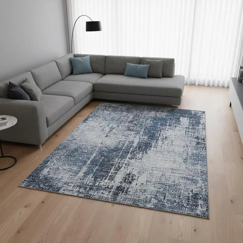 Navy Blue And Ivory Abstract Washable Area Rug With UV Protection Photo 2