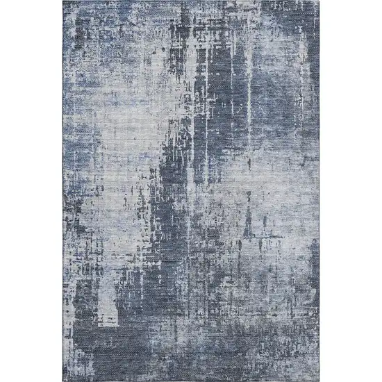 Navy Blue And Ivory Abstract Washable Area Rug With UV Protection Photo 1
