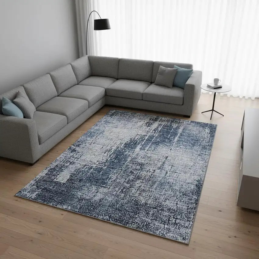 Navy Blue And Ivory Abstract Washable Area Rug With UV Protection Photo 2