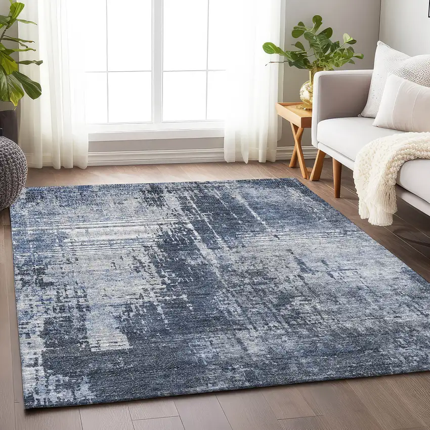 Navy Blue And Ivory Abstract Washable Area Rug With UV Protection Photo 6