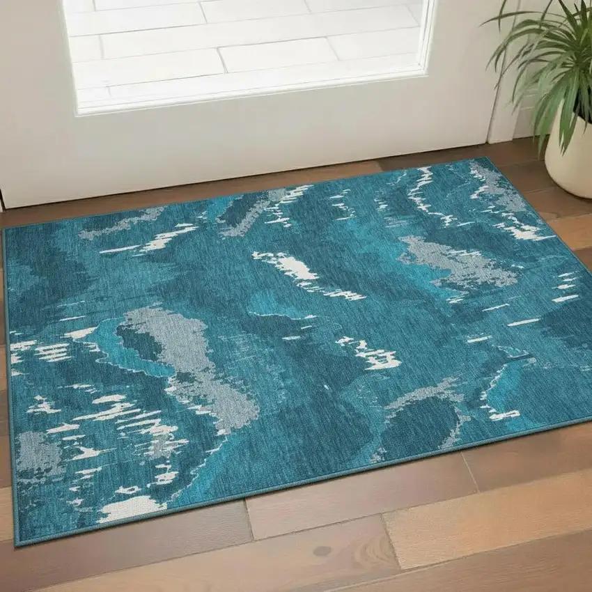 Navy Blue And Ivory Abstract Washable Area Rug With UV Protection Photo 1