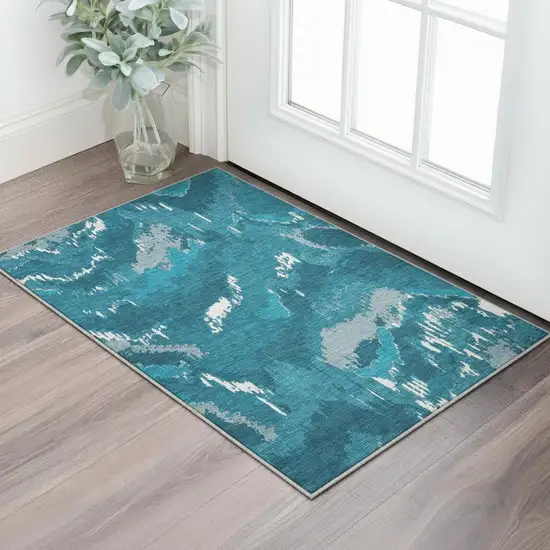 Navy Blue And Ivory Abstract Washable Area Rug With UV Protection Photo 1