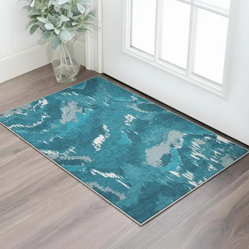 Navy Blue And Ivory Abstract Washable Area Rug With UV Protection Photo 1