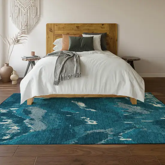 Navy Blue And Ivory Abstract Washable Area Rug With UV Protection Photo 7