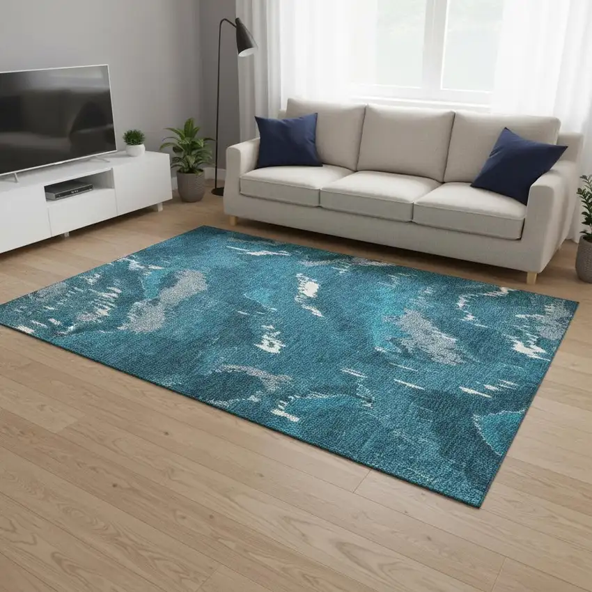 Navy Blue And Ivory Abstract Washable Area Rug With UV Protection Photo 1