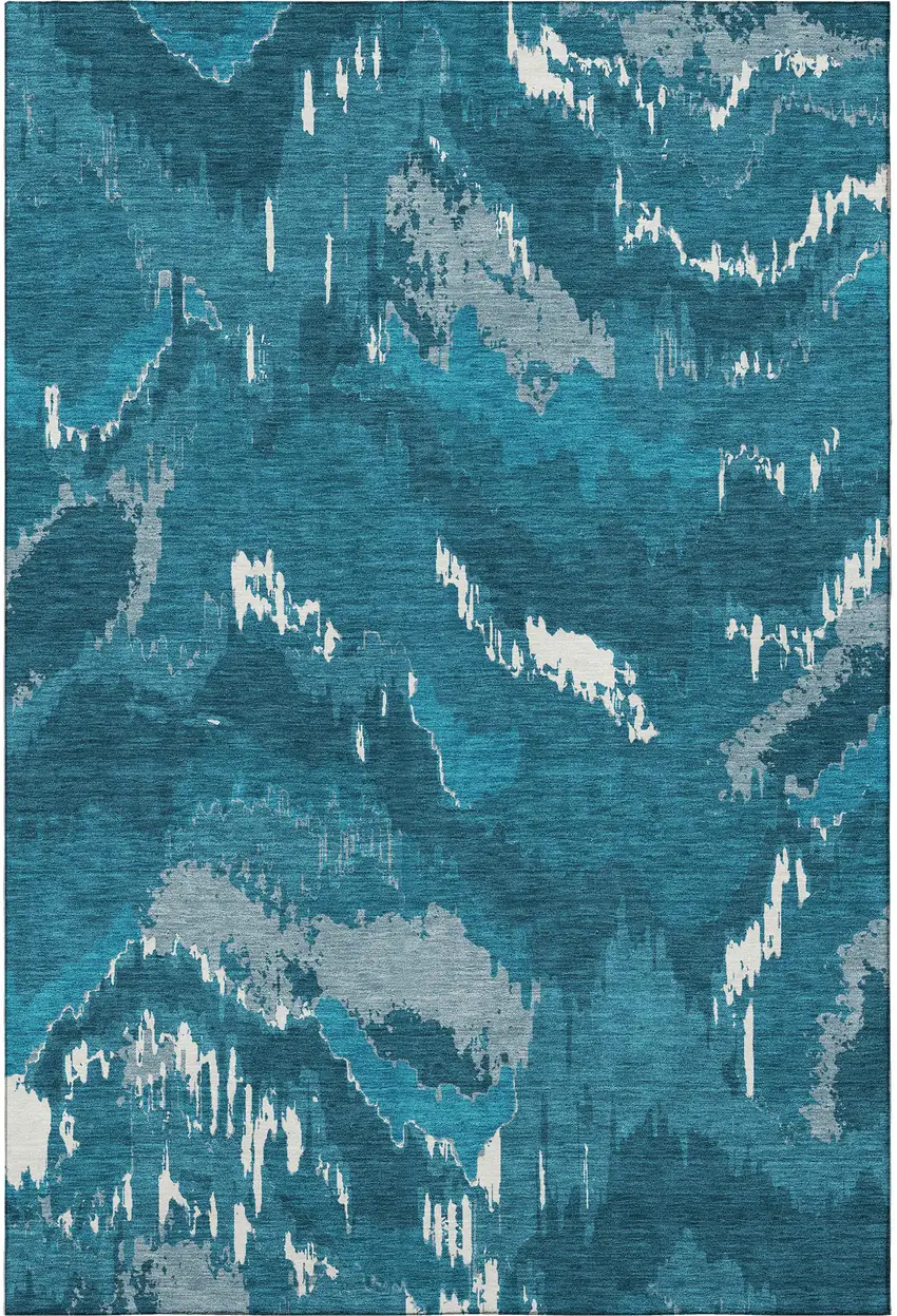 Navy Blue And Ivory Abstract Washable Area Rug With UV Protection Photo 5