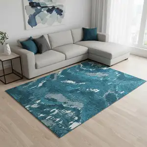 Photo of Navy Blue And Ivory Abstract Washable Area Rug With UV Protection