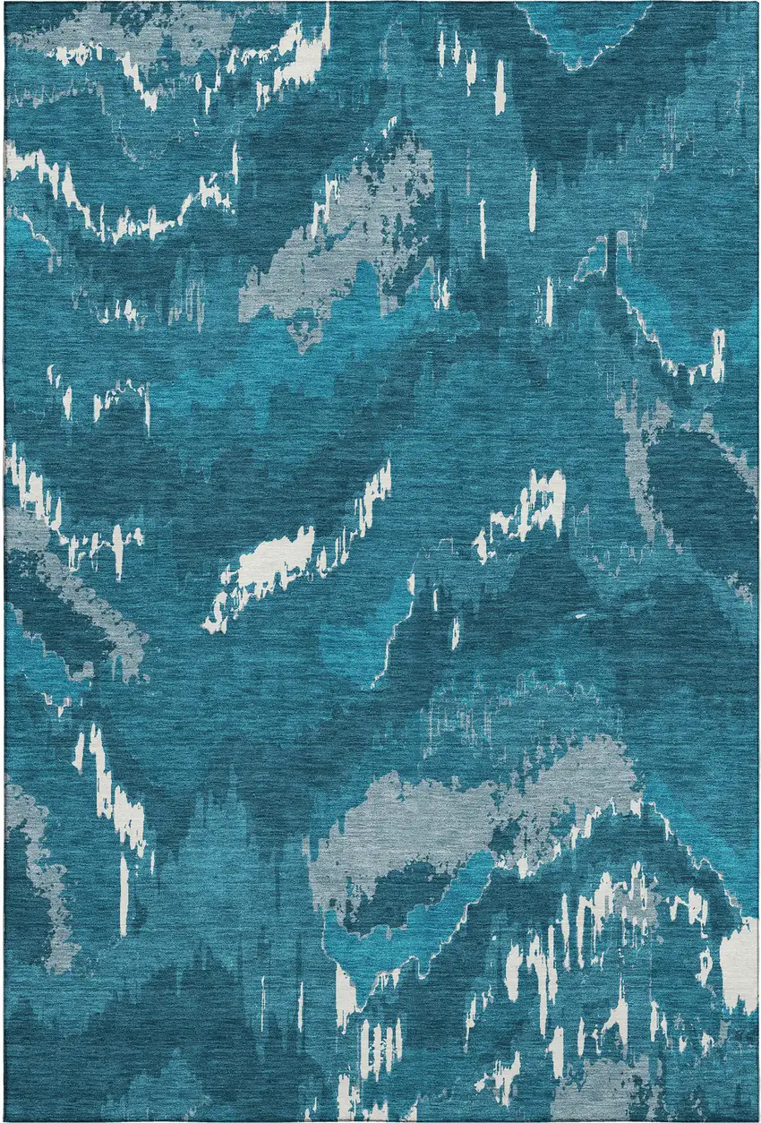 Navy Blue And Ivory Abstract Washable Area Rug With UV Protection Photo 2