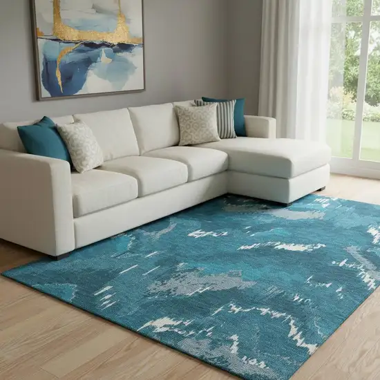 Navy Blue And Ivory Abstract Washable Area Rug With UV Protection Photo 1