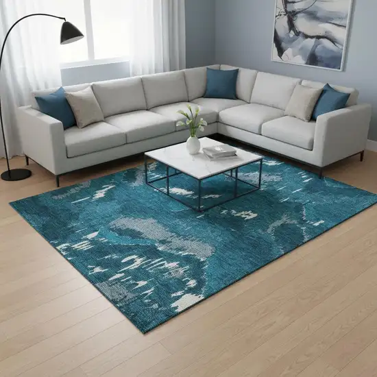 Navy Blue And Ivory Abstract Washable Area Rug With UV Protection Photo 1