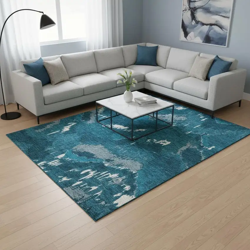 Navy Blue And Ivory Abstract Washable Area Rug With UV Protection Photo 1