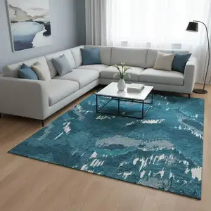 Photo of Navy Blue And Ivory Abstract Washable Area Rug With UV Protection