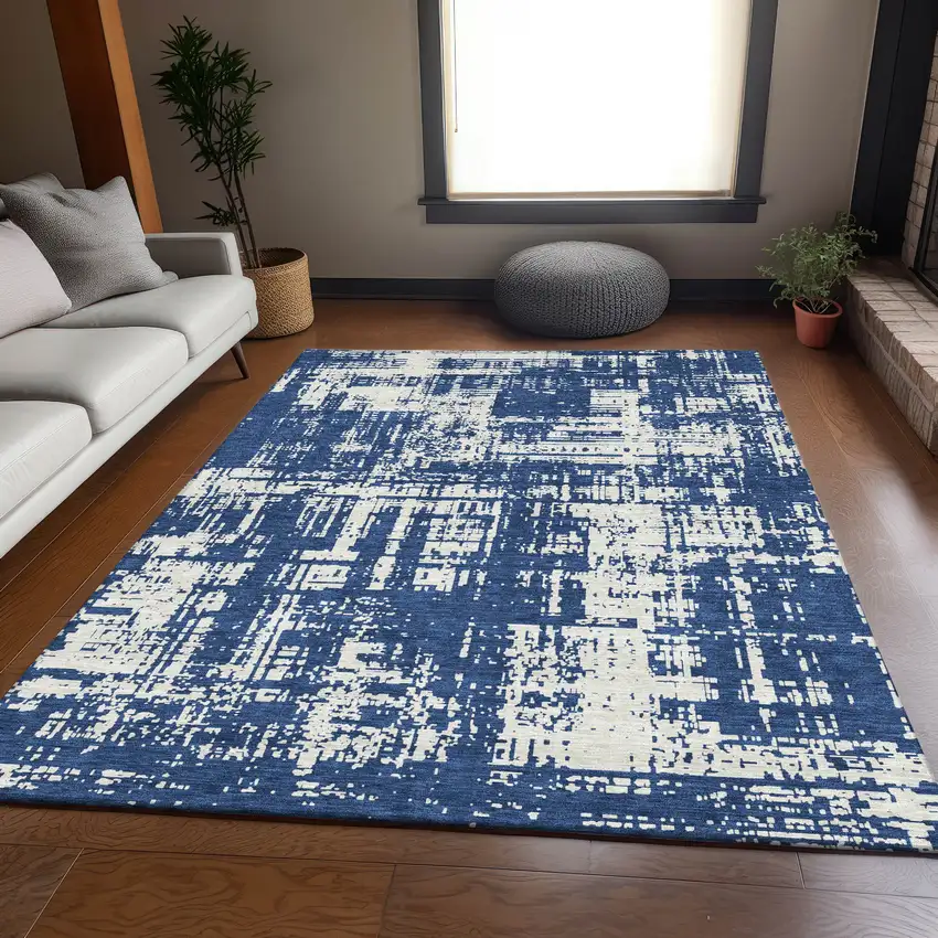 Navy Blue And Ivory Abstract Washable Area Rug With UV Protection Photo 5
