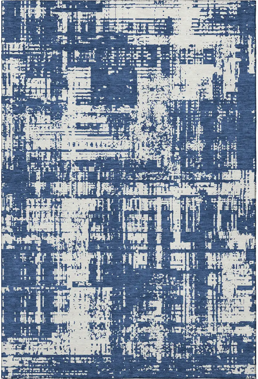 Navy Blue And Ivory Abstract Washable Area Rug With UV Protection Photo 3