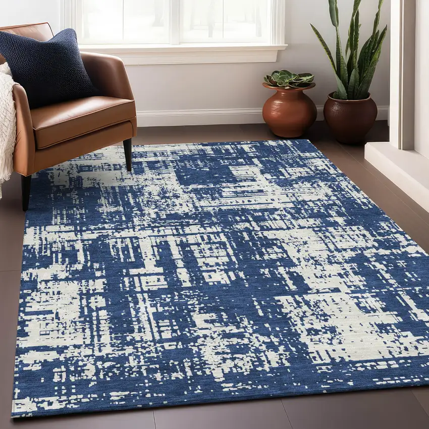 Navy Blue And Ivory Abstract Washable Area Rug With UV Protection Photo 4
