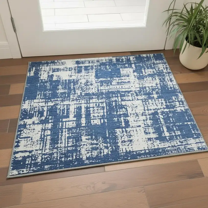 Navy Blue And Ivory Abstract Washable Area Rug With UV Protection Photo 2