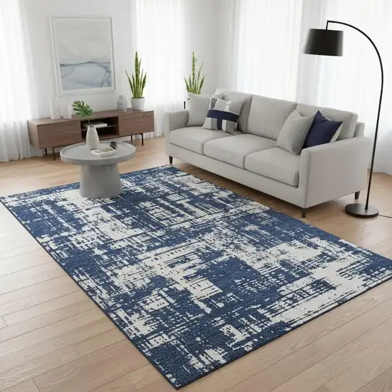 Navy Blue And Ivory Abstract Washable Area Rug With UV Protection Photo 2