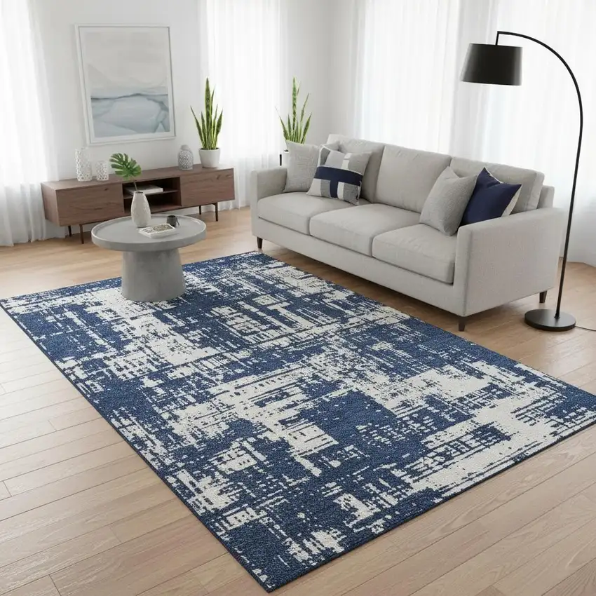 Navy Blue And Ivory Abstract Washable Area Rug With UV Protection Photo 2
