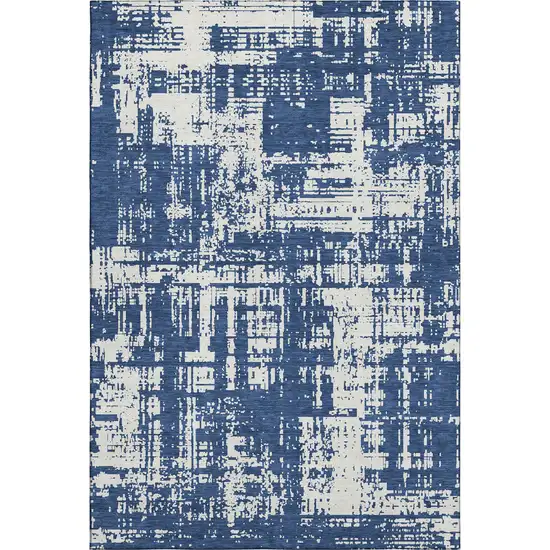 Navy Blue And Ivory Abstract Washable Area Rug With UV Protection Photo 1