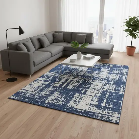 Navy Blue And Ivory Abstract Washable Area Rug With UV Protection Photo 2