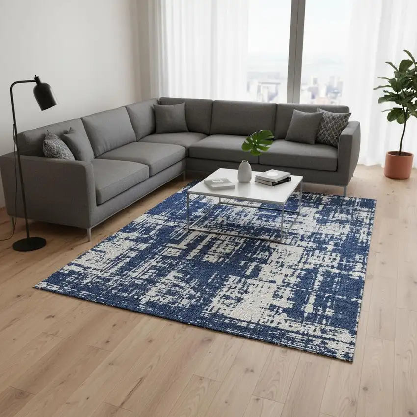 Navy Blue And Ivory Abstract Washable Area Rug With UV Protection Photo 2