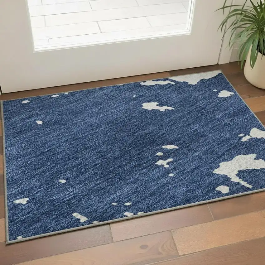 Navy Blue And Ivory Abstract Washable Area Rug With UV Protection Photo 2