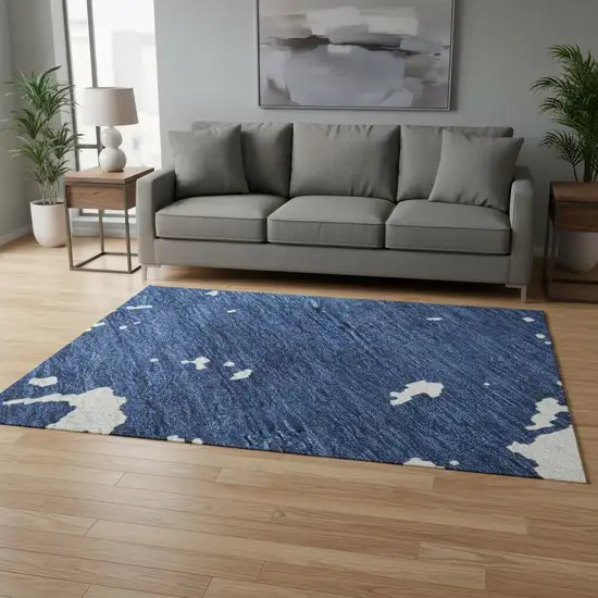 Navy Blue And Ivory Abstract Washable Area Rug With UV Protection Photo 2