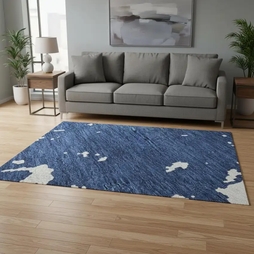 Navy Blue And Ivory Abstract Washable Area Rug With UV Protection Photo 2