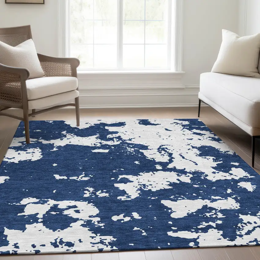 Navy Blue And Ivory Abstract Washable Area Rug With UV Protection Photo 6