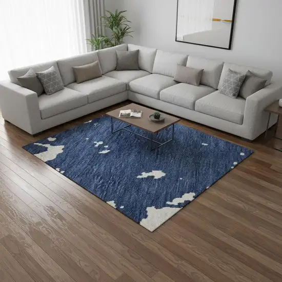 Navy Blue And Ivory Abstract Washable Area Rug With UV Protection Photo 2