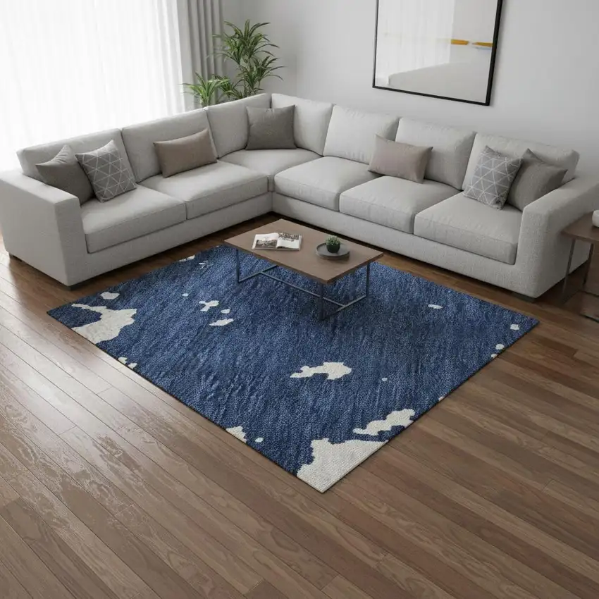 Navy Blue And Ivory Abstract Washable Area Rug With UV Protection Photo 2