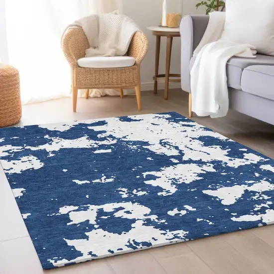 Navy Blue And Ivory Abstract Washable Area Rug With UV Protection Photo 5