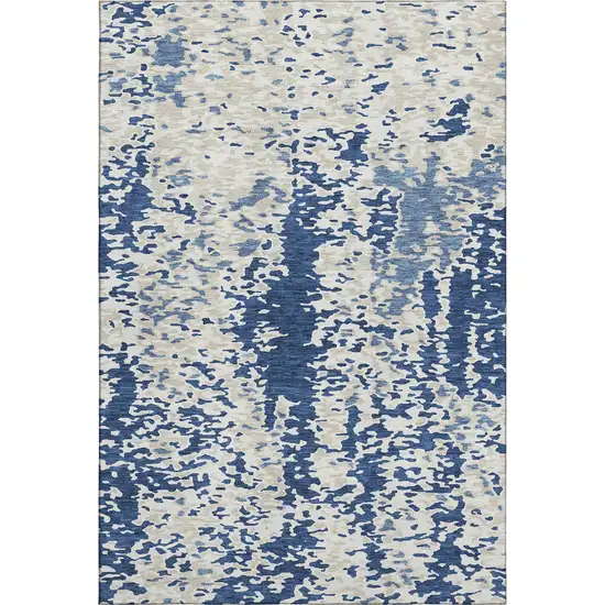 Navy Blue And Ivory Abstract Washable Area Rug With UV Protection Photo 1