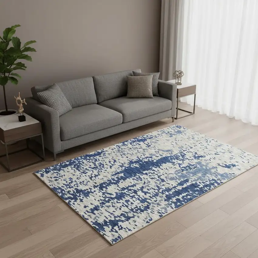 Navy Blue And Ivory Abstract Washable Area Rug With UV Protection Photo 2