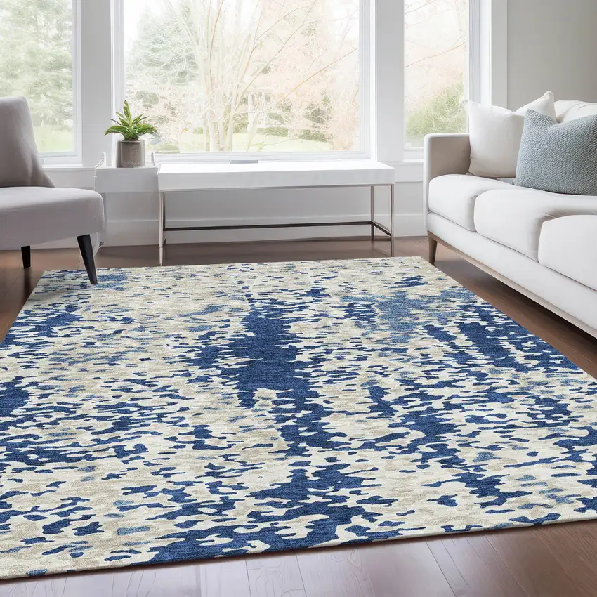 Navy Blue And Ivory Abstract Washable Area Rug With UV Protection Photo 5
