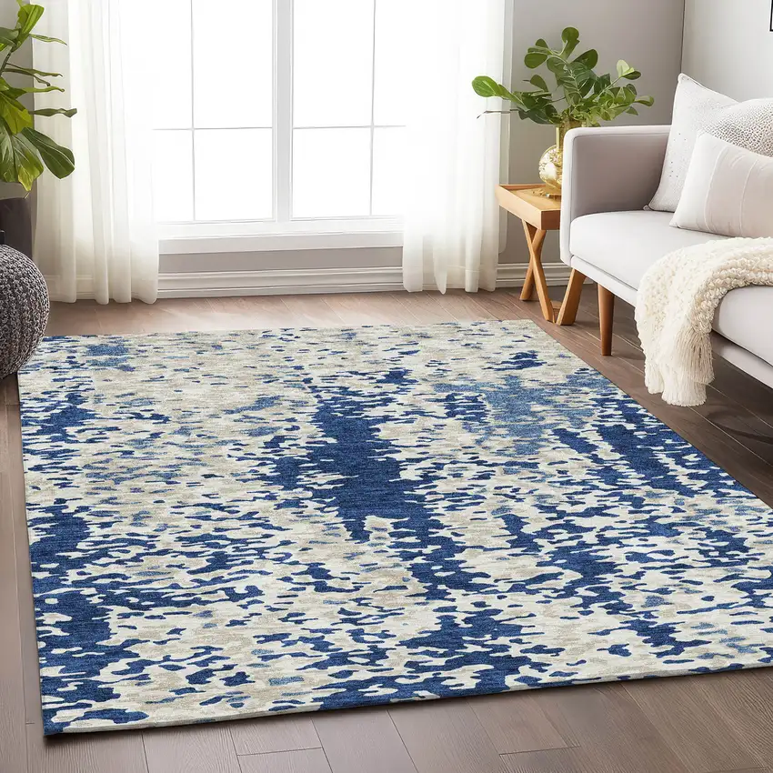 Navy Blue And Ivory Abstract Washable Area Rug With UV Protection Photo 4
