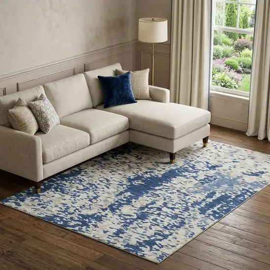 Navy Blue And Ivory Abstract Washable Area Rug With UV Protection Photo 1